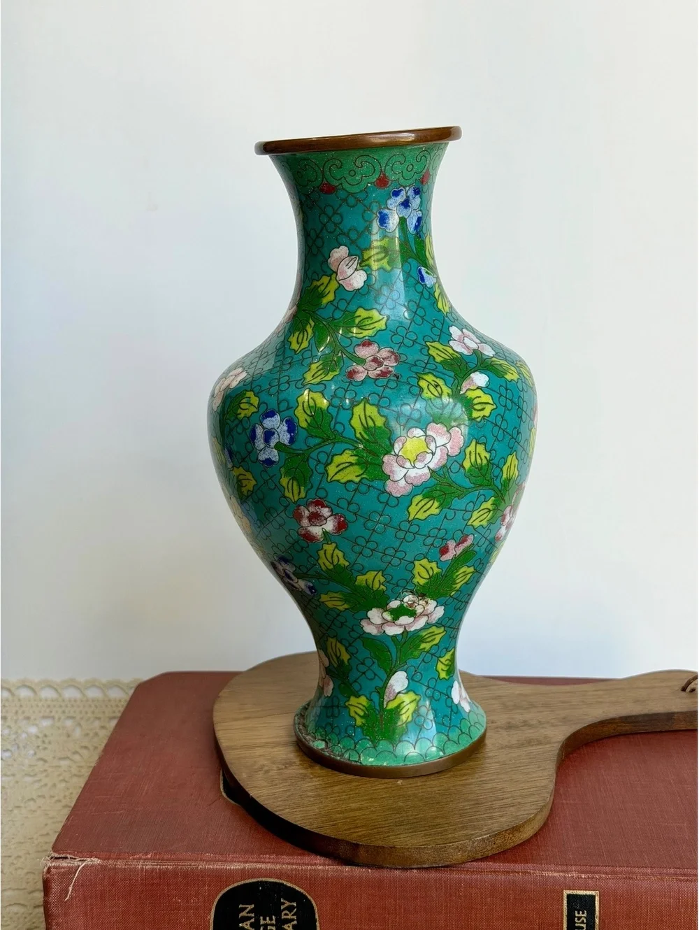 Vintage Chinese Cloisonne Enamel Vase Turquoise Floral Brass 10